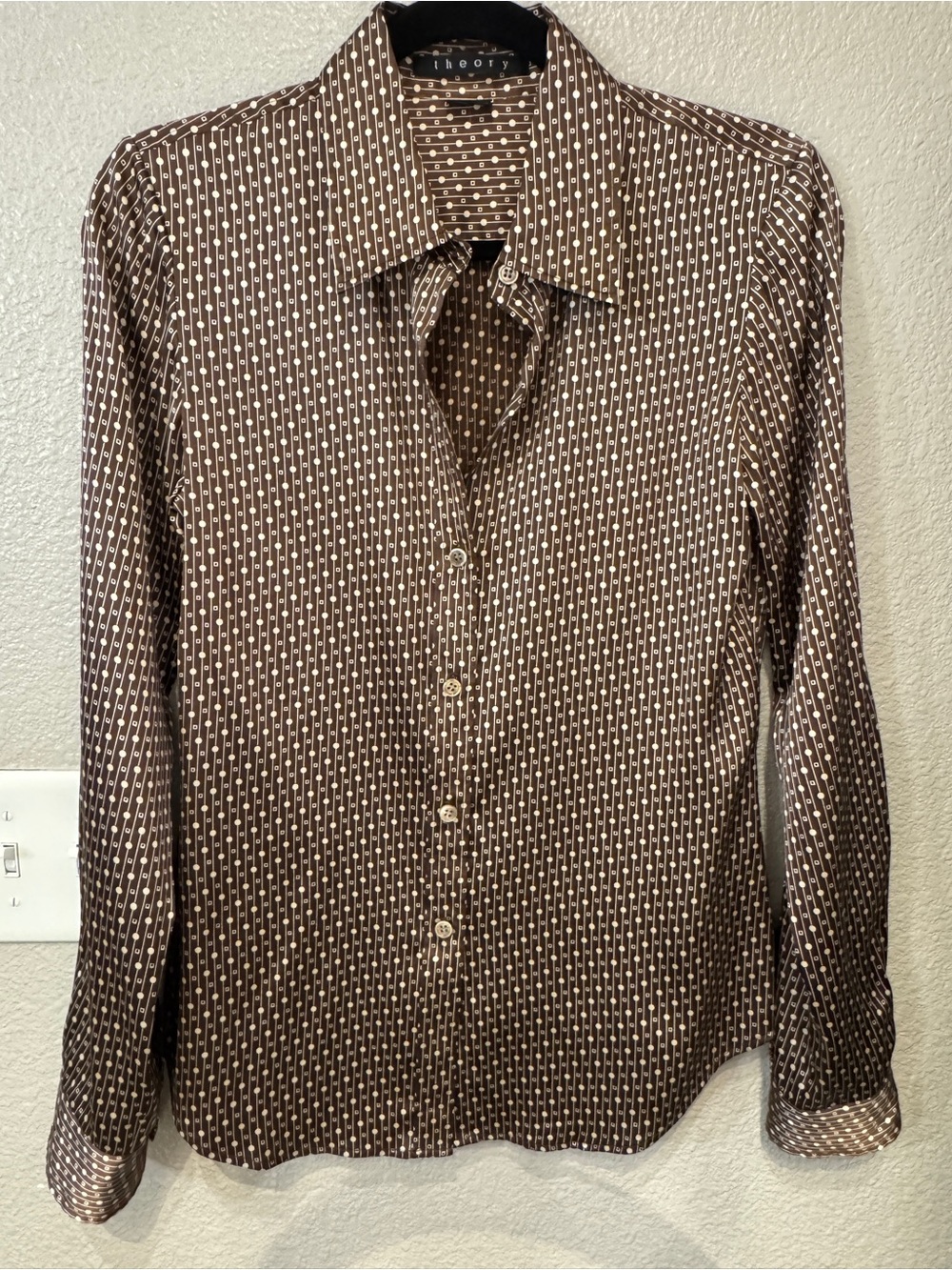 Theory Brown Silk Blend Geometric Dot Button Front Blouse Size Medium